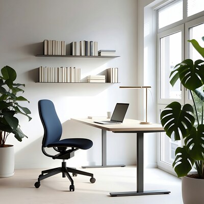 Modern home office with blue chair