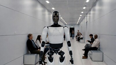 Humanoid robot in waiting area