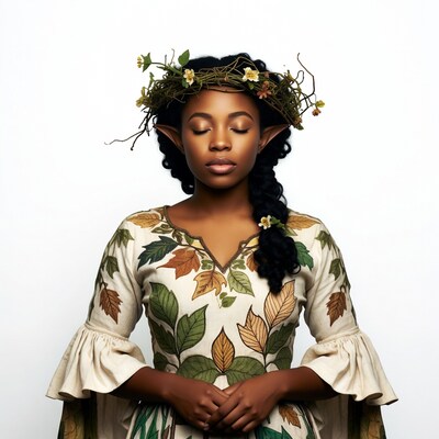 African-American woman with elf ears and flower crown