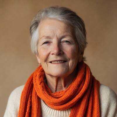 Elderly woman in orange scarf