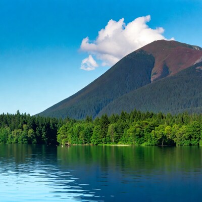 Mountain reflected in forest lake