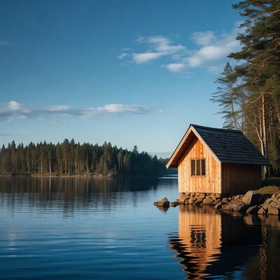Wooden cabin by lake with reflection