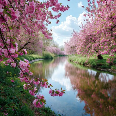 Pink Cherry Blossoms Along River