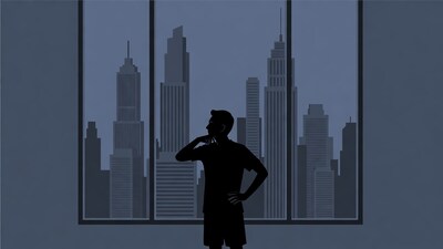Man thinking by city skyline window