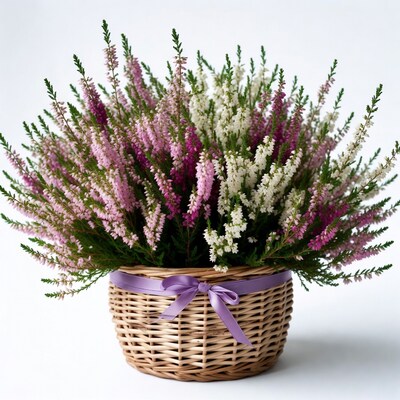 Pink White Heather Bouquet in Wicker Basket