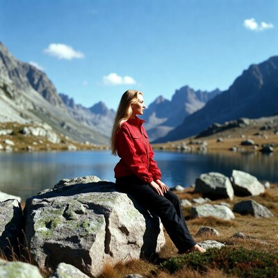 Blonde woman sitting on rock by mountain lake
