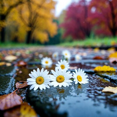 White Daisies on Wet Autumn Path