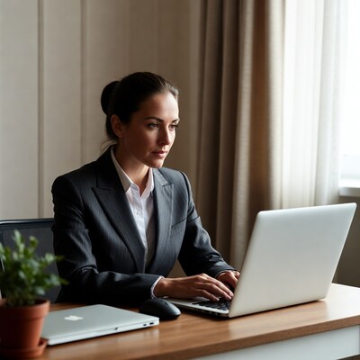 Woman working on laptop at desk