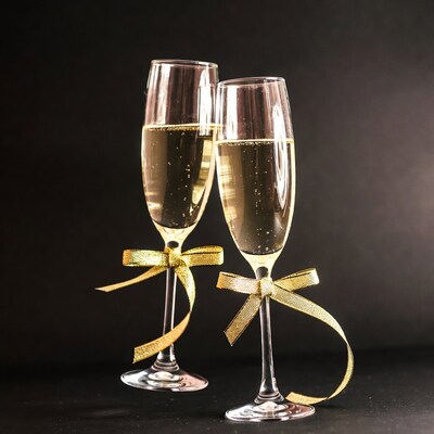 Two Champagne Glasses with Gold Ribbons