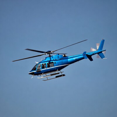 Blue helicopter flying in sky
