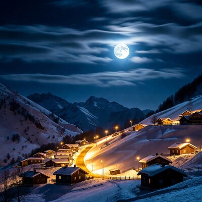 Snowy Alpine Village Under Full Moon