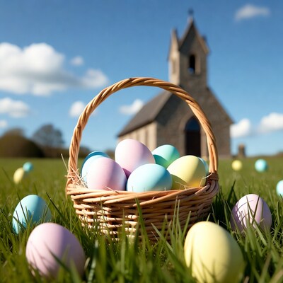 Easter Basket with Colored Eggs by Church