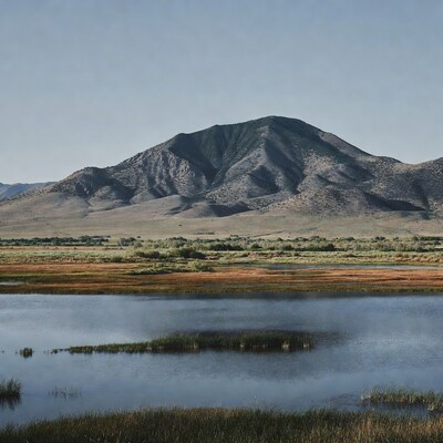 Mountain reflecting in marsh lake
