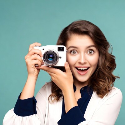 Excited woman holding white camera