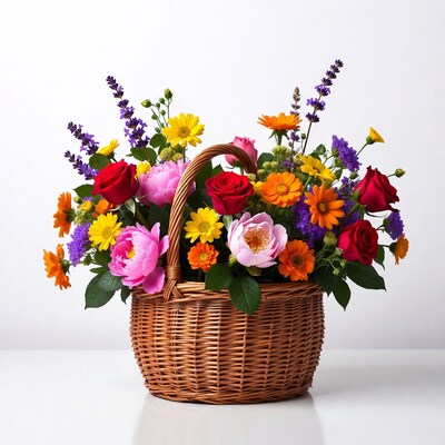 Colorful Flowers in Wicker Basket