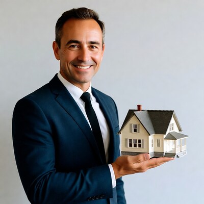 Smiling man holding house model