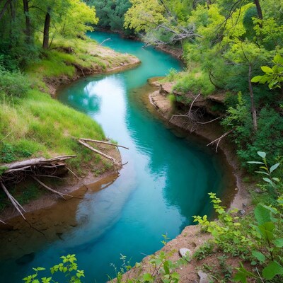 Turquoise River Winding Through Forest