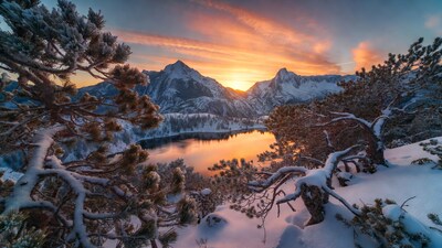 Snowy Mountains Lake at Sunset