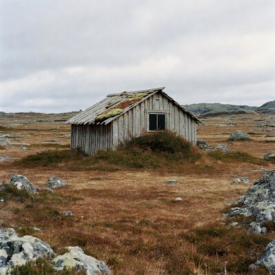 Abandoned wooden cabin in rocky tundra