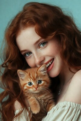 Redhead woman holding orange kitten