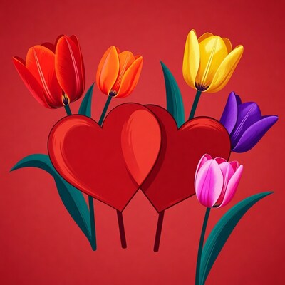 Red Hearts with Colorful Tulips