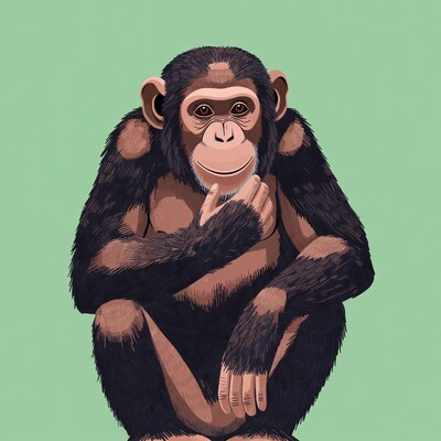 Smiling Chimpanzee Thinking on Green Background