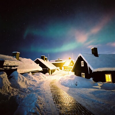 Northern Lights over Snowy Houses