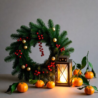 Christmas Wreath with Lantern and Oranges