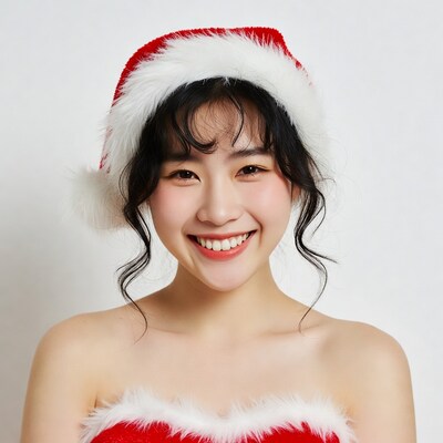 Asian woman in Santa hat smiling