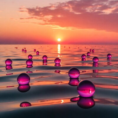 Pink Glowing Balls on Sunset Water