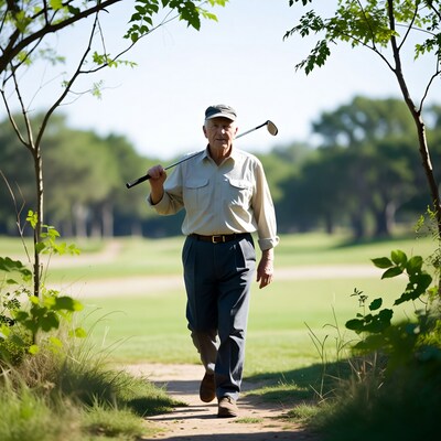 Elderly man walking with golf club