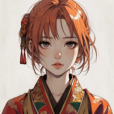 Anime girl in red kimono