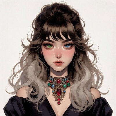 Anime girl with heterochromia and jeweled necklace