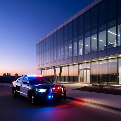 Police Car with Lights at Glass Building