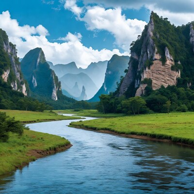 River winding through green karst mountains