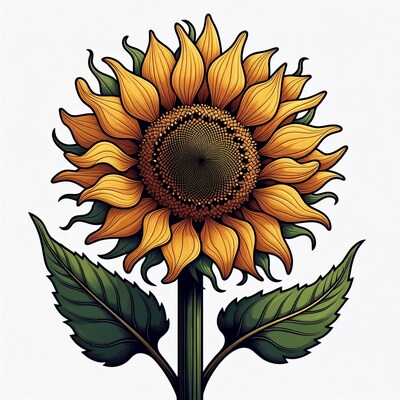 Illustrated Sunflower with Leaves