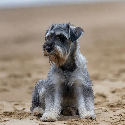 Schnauzer sitting on beach