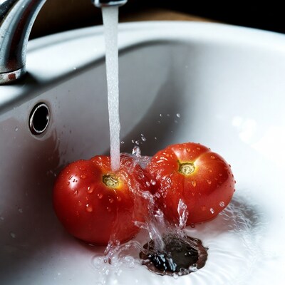 Tomatoes under faucet water in sink