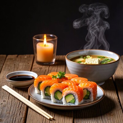 Salmon Sushi Rolls with Miso Soup