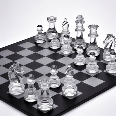 Crystal chess pieces on board