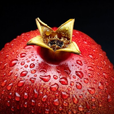 Closeup of Open Pomegranate with Water Droplets