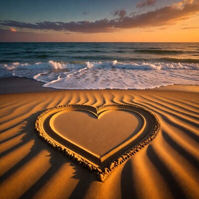 Heart drawn in sand at sunset beach