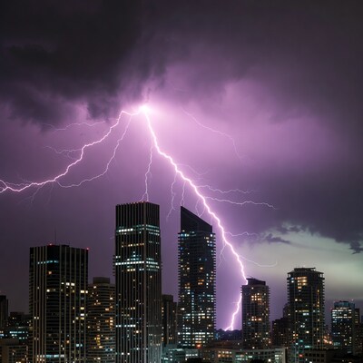 Lightning striking city skyline at night