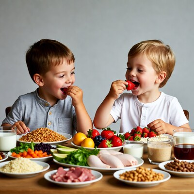 Two boys eating strawberries at healthy table