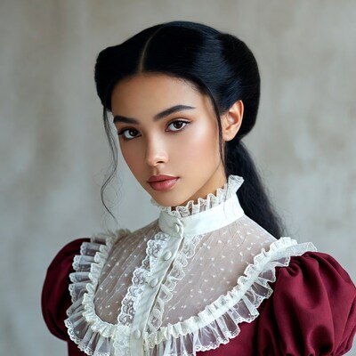 Asian woman in Victorian burgundy lace dress