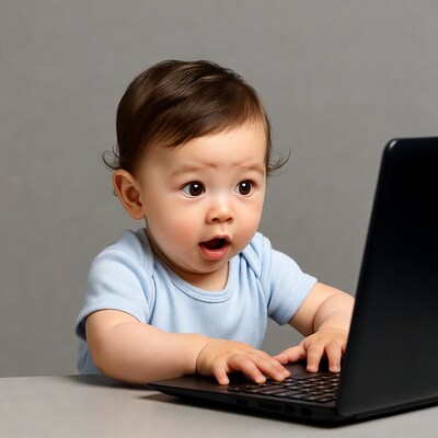 Baby surprised using laptop