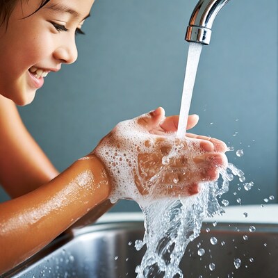 Asian girl washing hands with soap