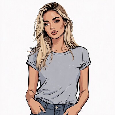 Blonde woman in gray t-shirt and jeans