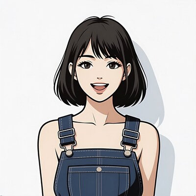 Anime girl smiling in denim overalls