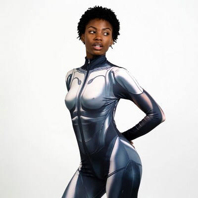 African-American woman in metallic bodysuit